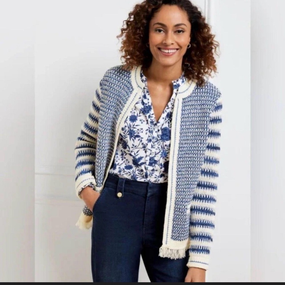 TALBOTS Jacket Cardigan Women’s M Blue White Textured Fringe Stripes Preppy
